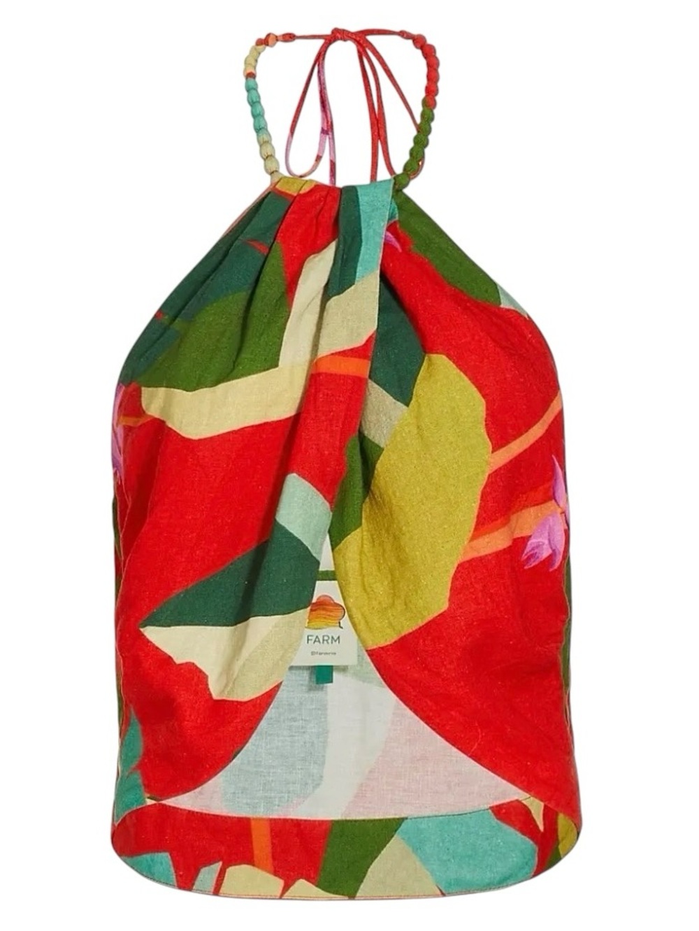 Farm Rio Heliconia Crop Top NWT Size L Tropical Halter Open Back Linen Blend